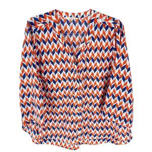 41 Hawthorn Shirt Womens 2X Orange Blue Geometric Tameron Button Roll Tab Blouse